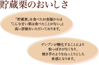 貯蔵栗のおいしさ 「貯蔵栗」を食べたお客様からは 「こんな甘い栗は食べたことがない」と 高い評価をいただいております。デンプンが糖化することにより粉っぽさがなくなり、焼き芋のようなねっとりとした食感になります。